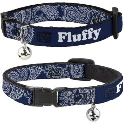Buckle-Down Personalized Breakaway Cat Collar With Bell, Paisley Blue & White