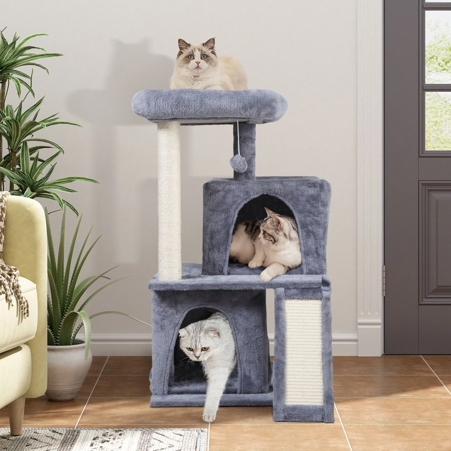 Coziwow By Jaxpety Faux Fur Cat Tree Tower & Condos With Scratch Posts, 34-inch, Grey 3 Coziwow By Jaxpety Faux Fur Cat Tree Tower & Condos With Scratch Posts, 34-inch, Grey