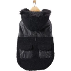 Frisco Medium Weight Faux Leather Dog & Cat Parka With Faux Fur Trimmed Hood, Black -Cat Pet Supplies 719798 PT3. AC SS1800 V1692978853