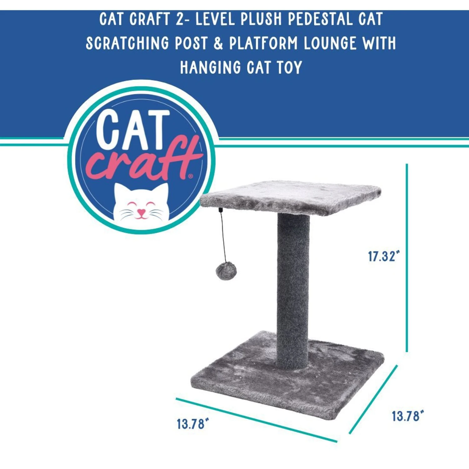 Cat Craft 2 Tier Plush Pedestal Cat Scratching Post & Platform Lounge With Hanging Cat Toy, Grey 5 Cat Craft 2 Tier Plush Pedestal Cat Scratching Post & Platform Lounge With Hanging Cat Toy, Grey - Image 3